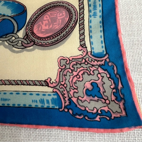 •Silk Handrolled Blue Pink Cream Graphic Square Scarf 22”x23” Made In Japan - Picture 11 of 14